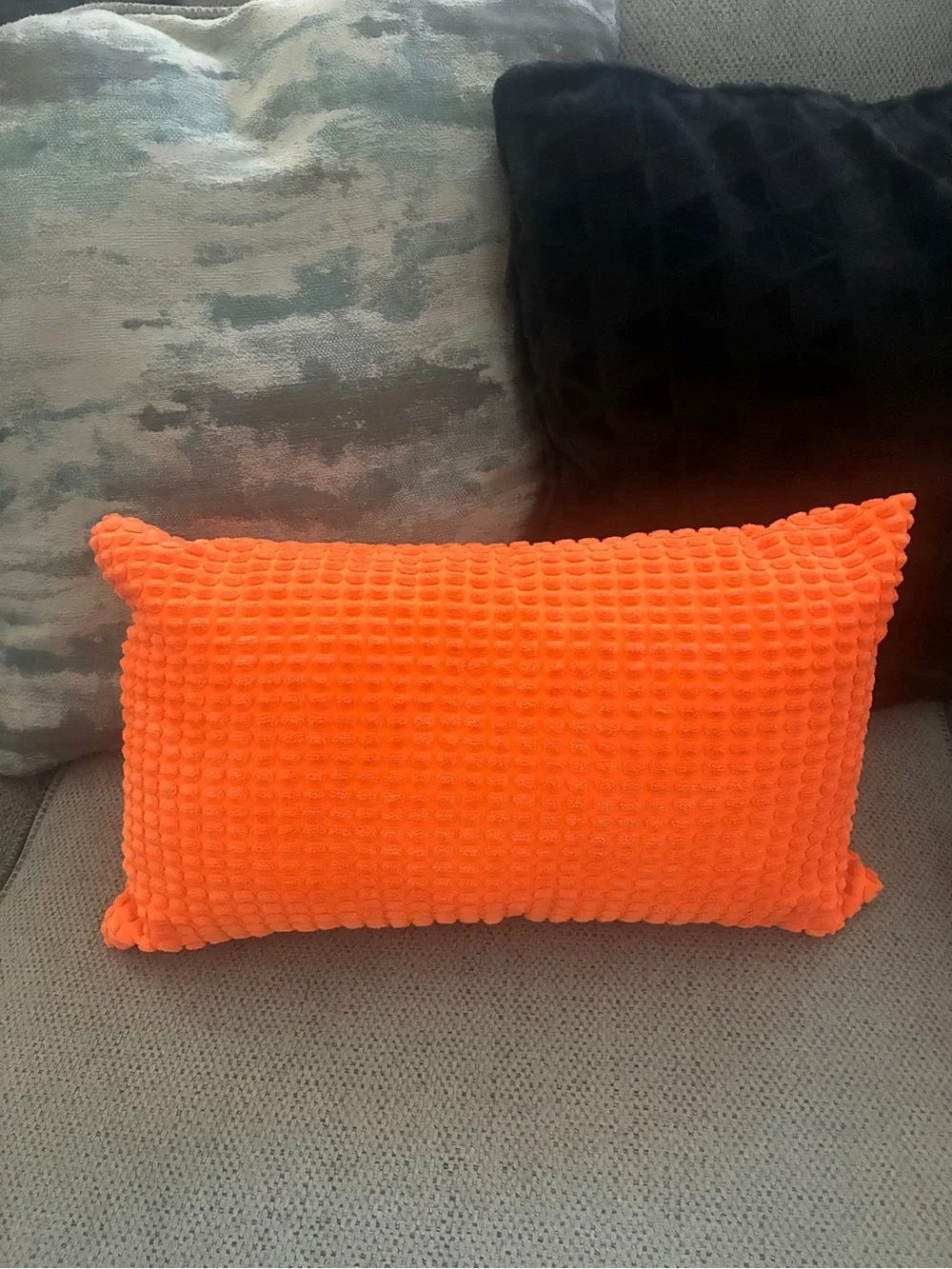 Neon Orange Textured Lumbar Throw Pillow Bright Retro Decor EUC